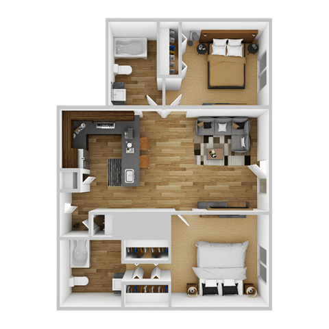 Floor plan for 2 beds, 1 bath, 870 sqft